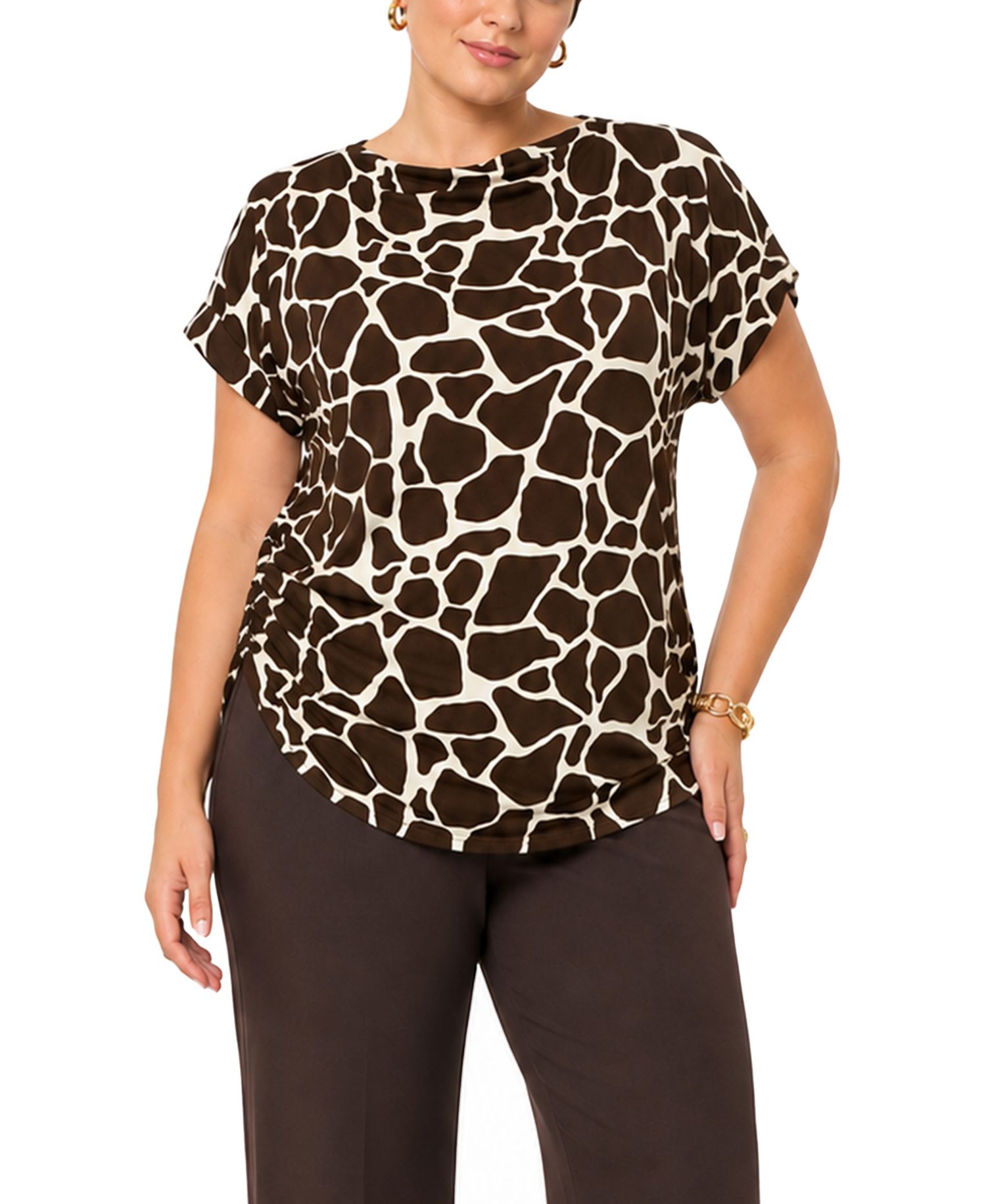 Plus Size Giraffe-Print Cowl-Neck Rolled-Short-Sleeve Top