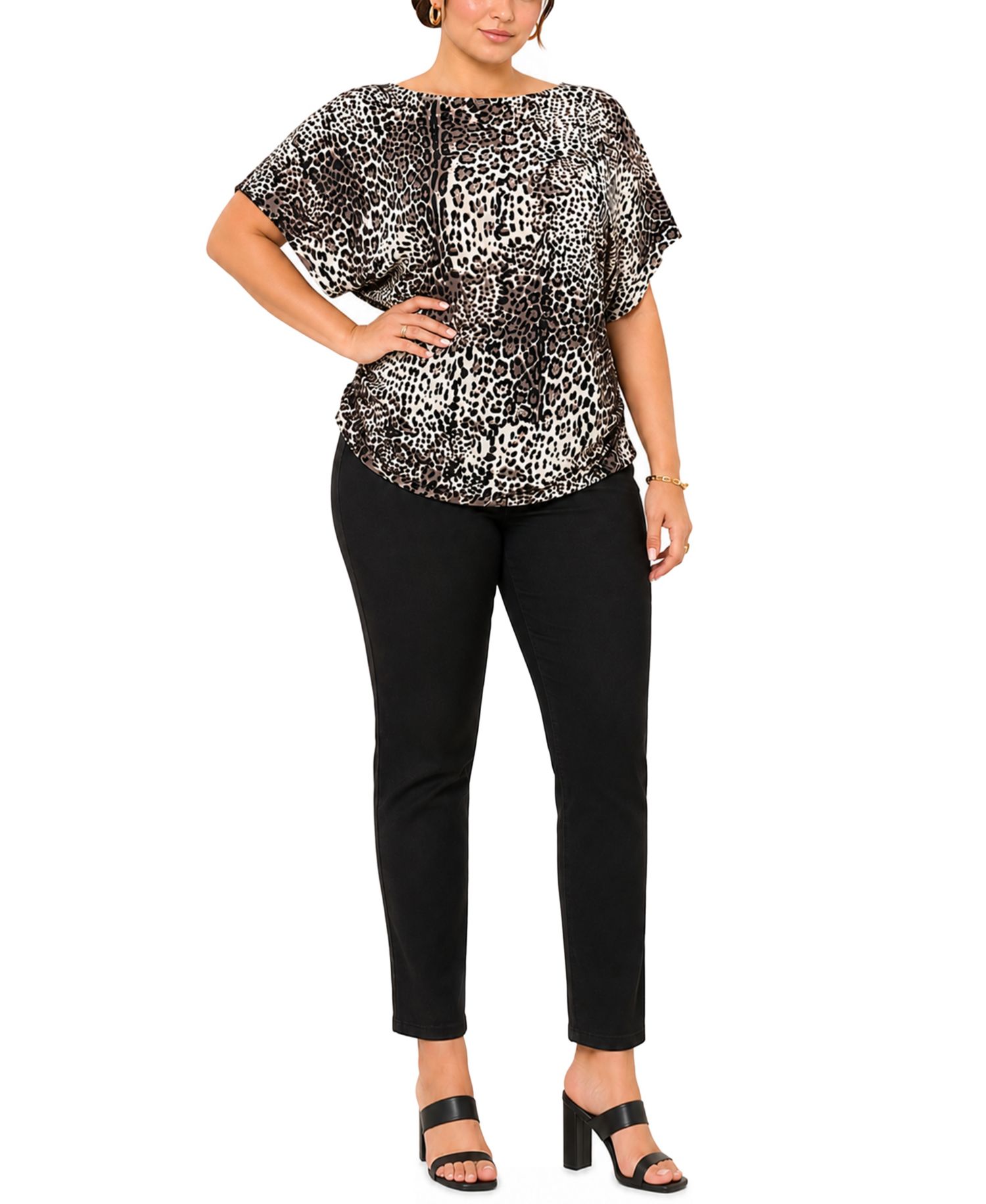 Plus Size Leopard-Print Boat-Neck Batwing Short-Sleeve Top