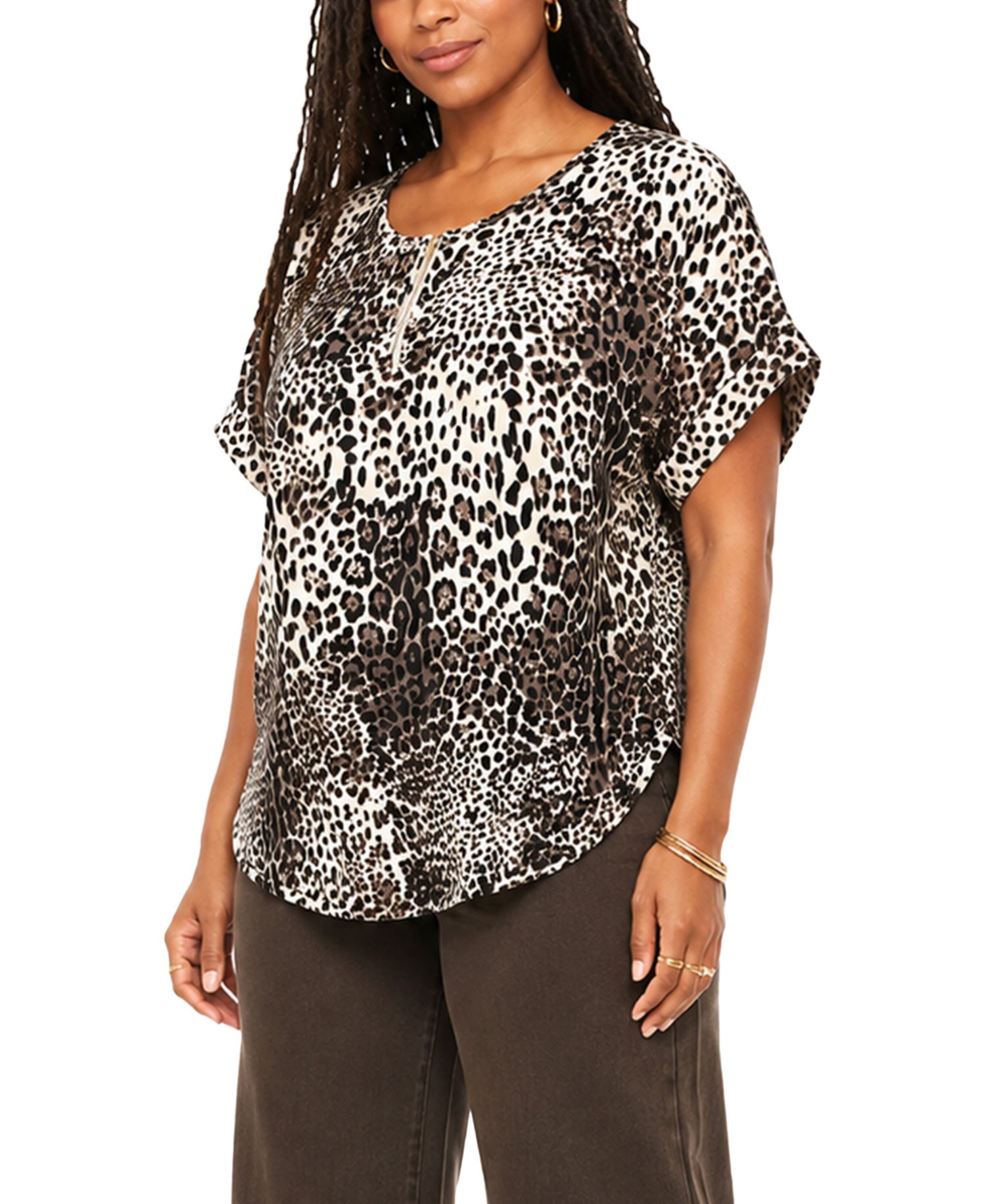 Plus Size Leopard Print Dolman Rolled-Sleeve Top