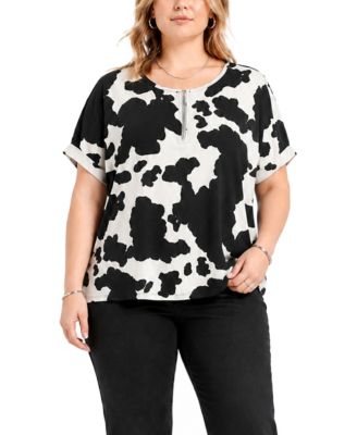 Plus Size Cow Print Dolman Rolled Short-Sleeve 1/2 Zip Top