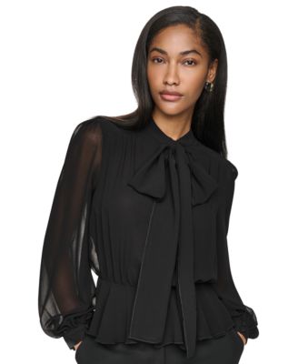 Women's Tie Neck Peplum Long-Sleeve Blouse