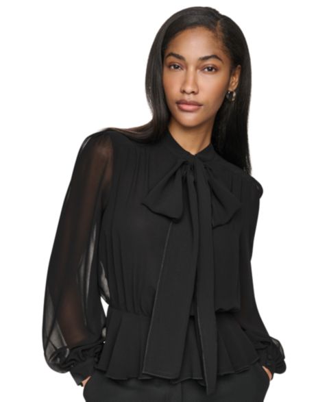 Женская блузка DKNY Tie Neck Peplum Long-Sleeve Blouse, цвет: Чёрный