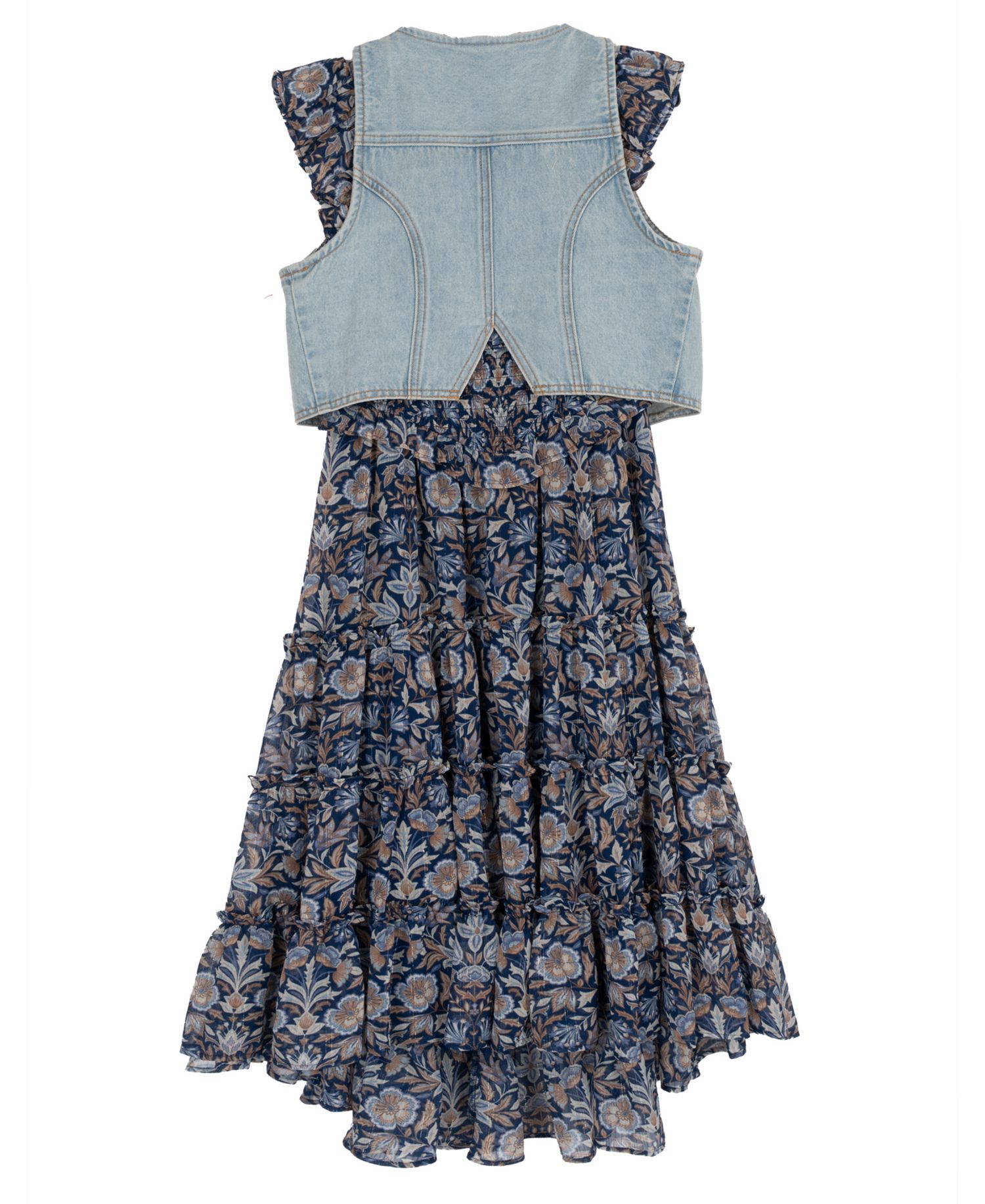 Girls' 7-16 Floral Print Sleeveless Dress and Denim Vest, 2-Piece Set