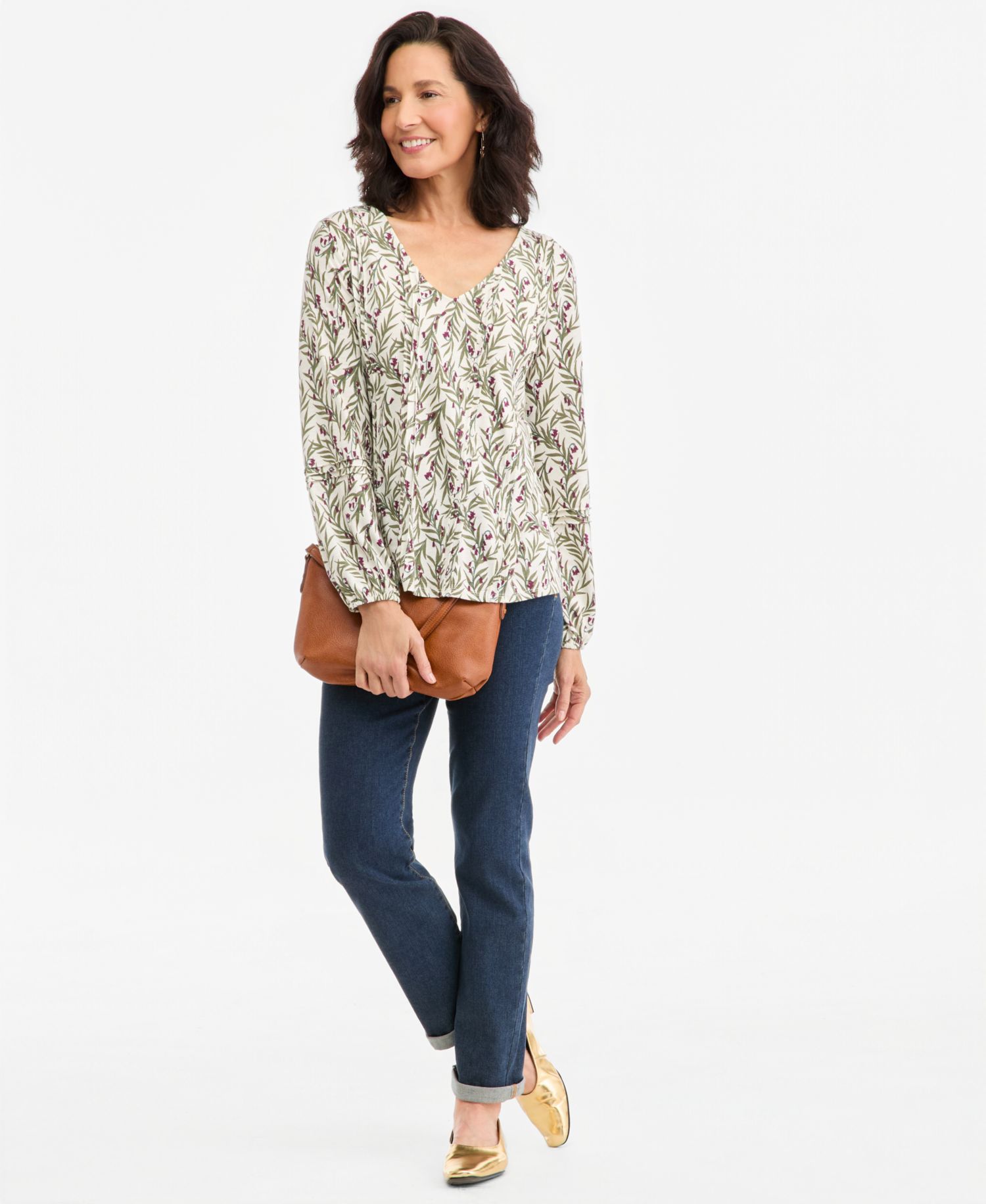 Women's Printed Pintuck V-Neck Knit Top