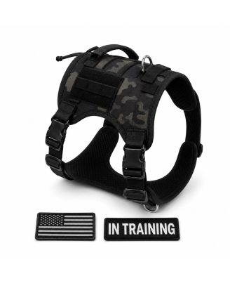 Adjustable Tactical Dog Harness for Medium & Large Dogs, Heavy-Duty No-Pull Vest with Metal Buckle and Control Handle | Black Camouflage