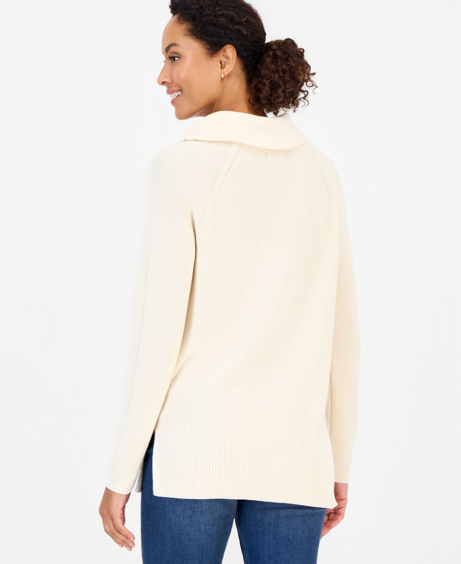 Petite High-Neck Zip Cotton Sweater