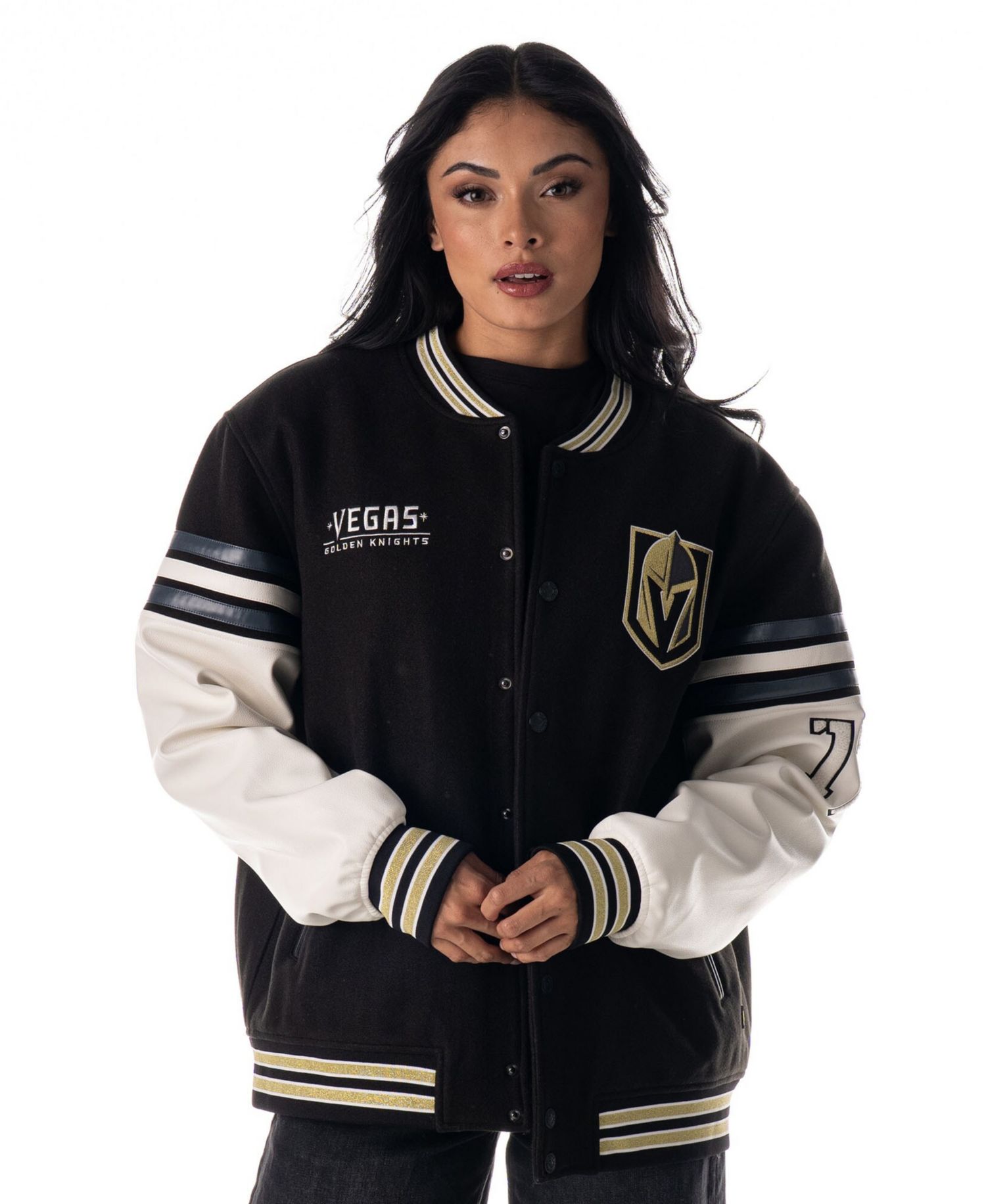 Men's and Women's Black Vegas Golden Knights Drop Shoulder Full-Snap Varsity Jacket