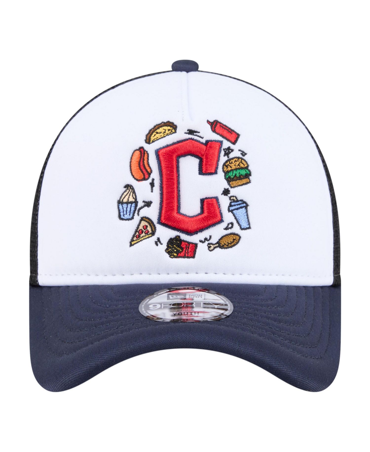 Big Boys and Girls White/Navy Cleveland Guardians Food A-Frame 9FORTY Trucker Adjustable Hat