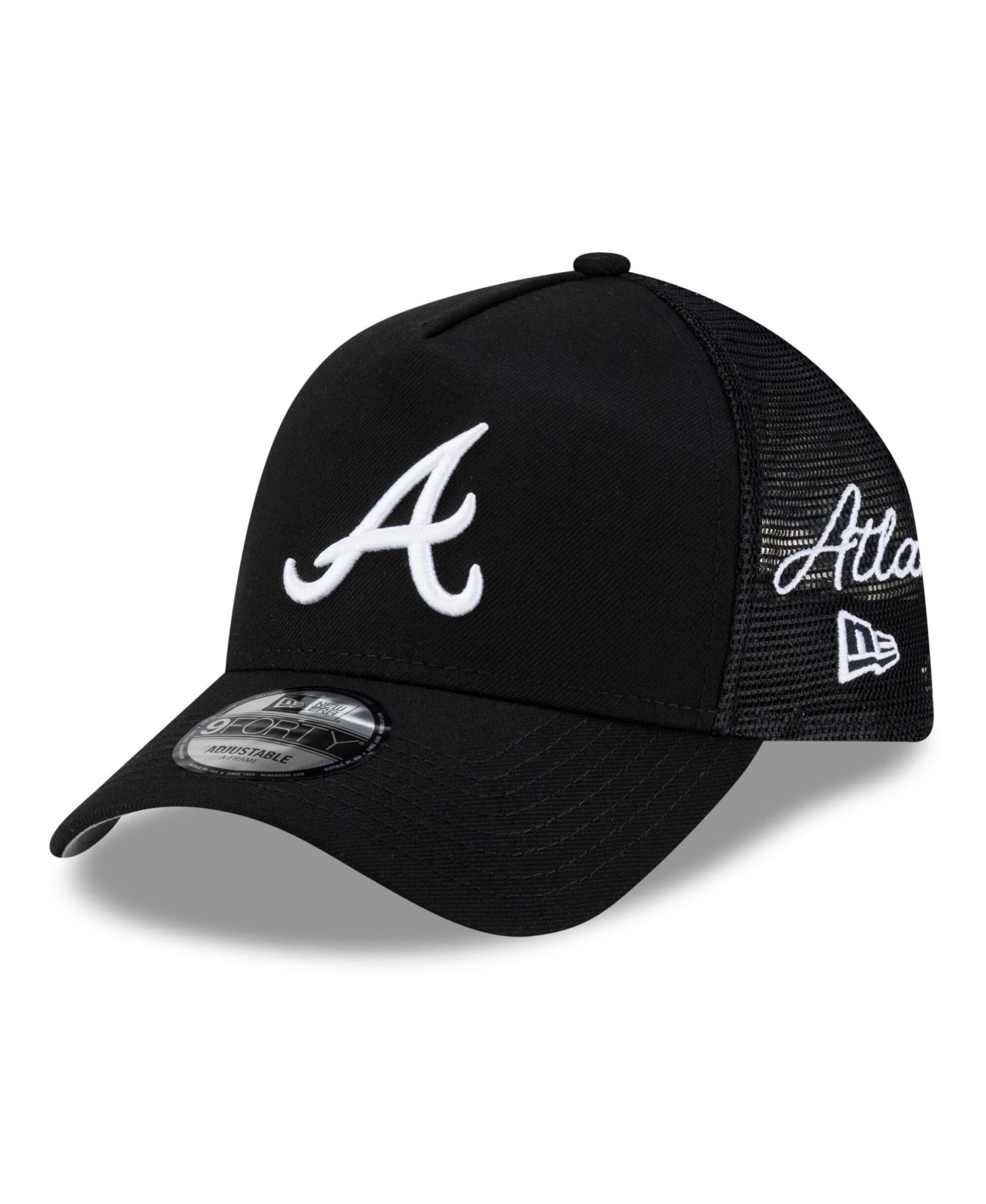 Men's Black Atlanta Braves Side Script 9FORTY A-Frame Trucker Adjustable Hat