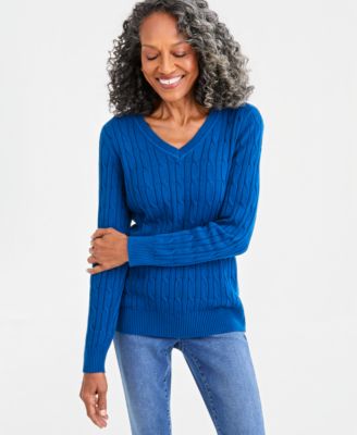 Women's Cotton Cable-Knit V-Neck Sweater