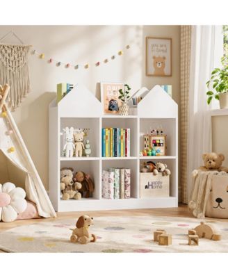 Toy Storage Organizer with Book Racks and Open Cubbies, Castle Design Kids Bookshelf Toy Storage, Toddler Toy Chest for Playroom, Nursery, Daycare Use