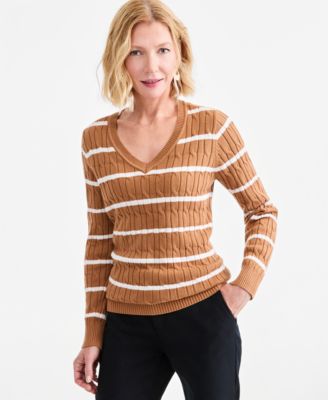 Women's Cotton Cable-Knit V-Neck Sweater
