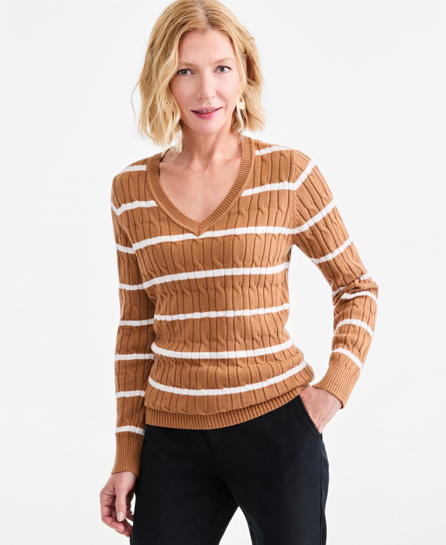 Petite Cotton Cable-Knit V-Neck Sweater