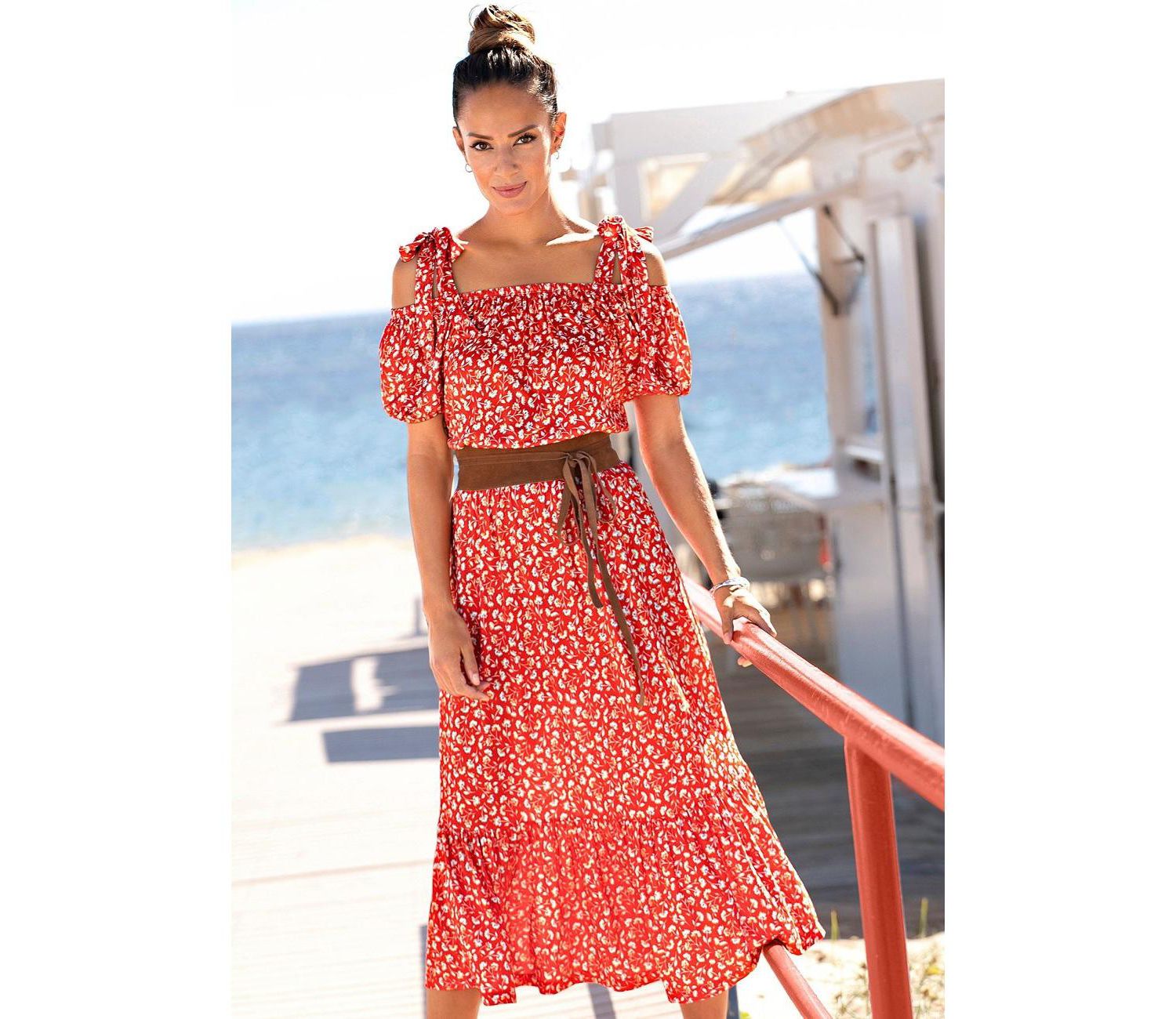 Women's Viscose Floral Print Pattern Elastic-Waist Midi Dress
