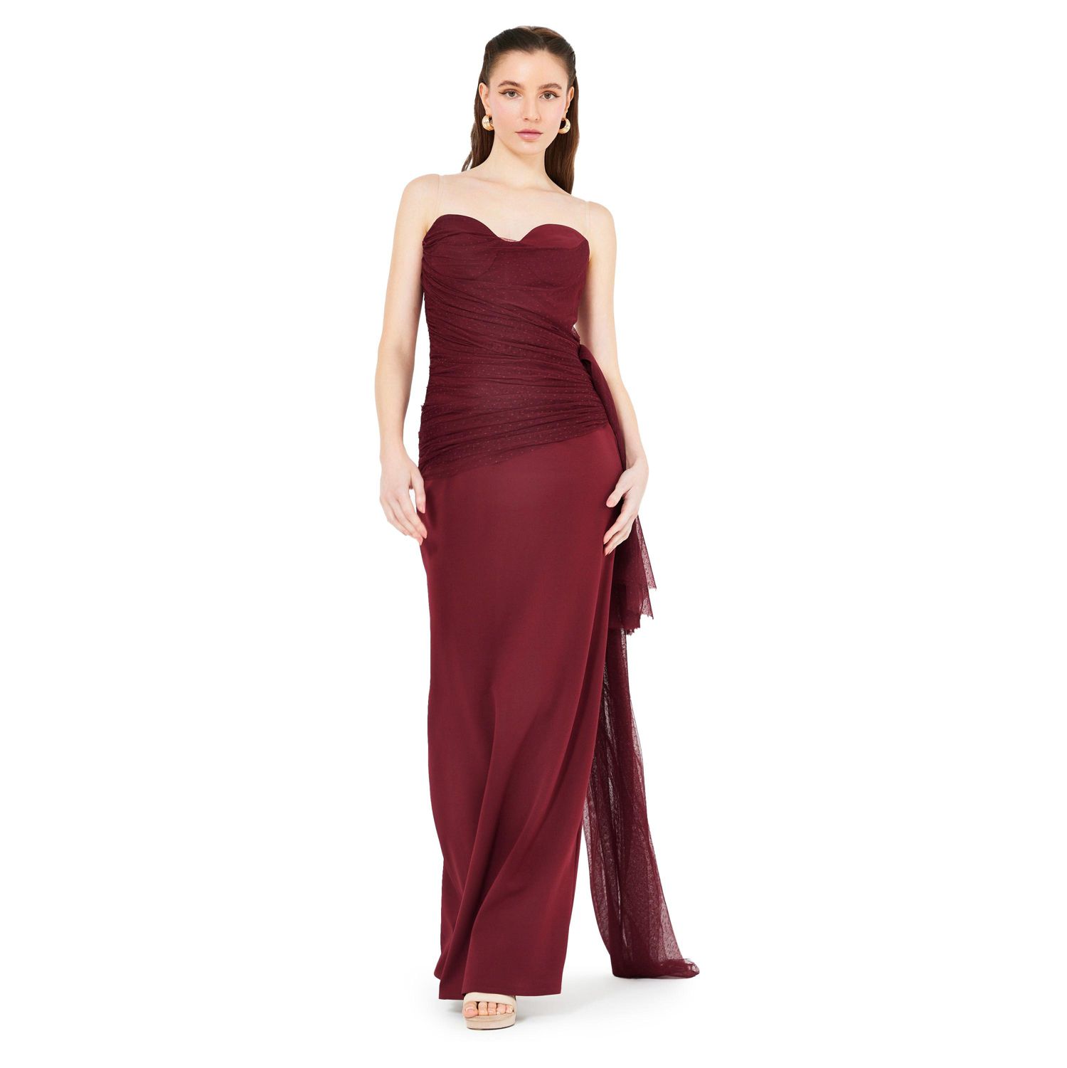 Women's Sweetheart Ruched Tulle Column Gown In Crepe
