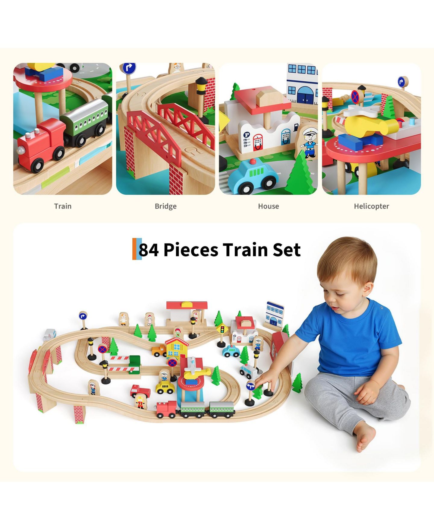Детские игрушки homfan 84-Piece Wooden Train Activity Table with Storage — фото 3