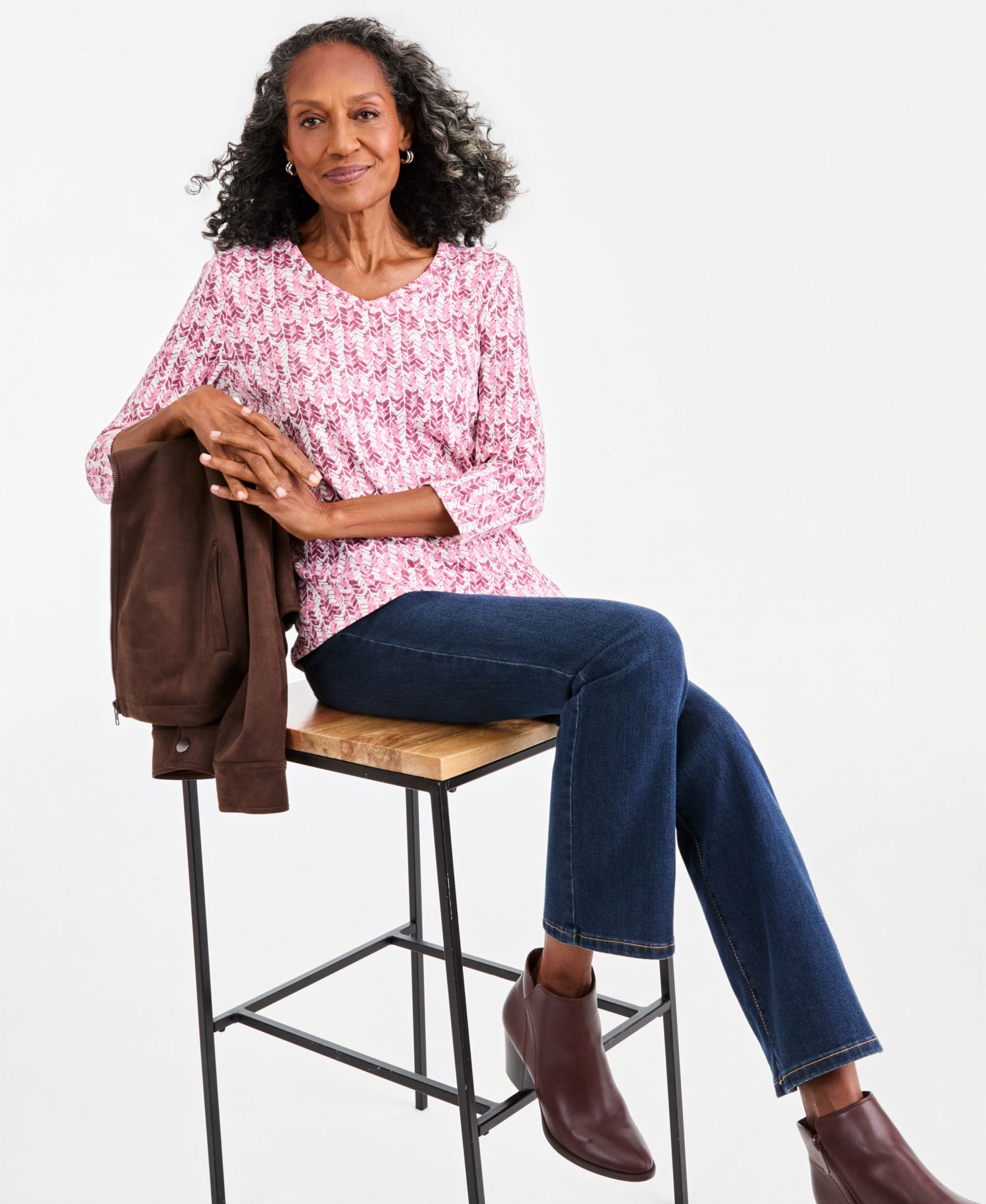 Petite Printed 3/4-Sleeve V-Neck Top