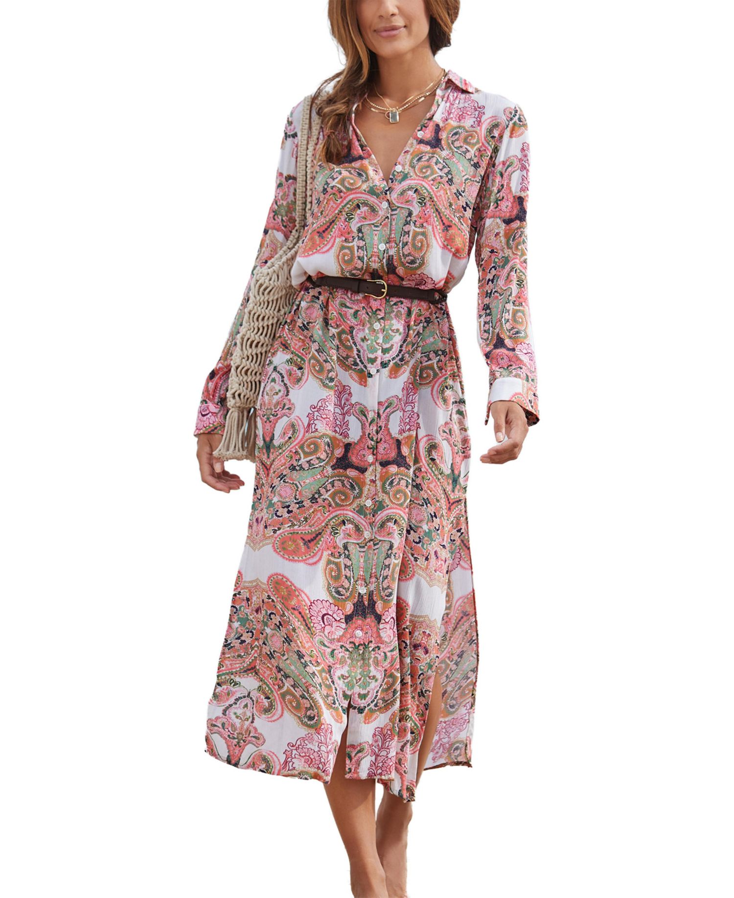 Women's Viscose Printed Button Down Multiway Scoop-Neck Midi Dress