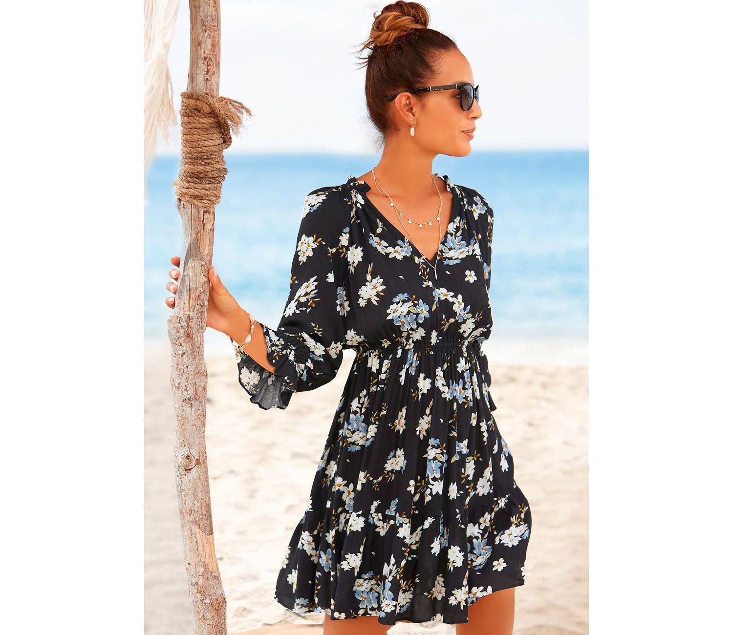 Women's Viscose Printed Ruffle 3/4 Sleeve Lace Elastic-Waist Short Dress