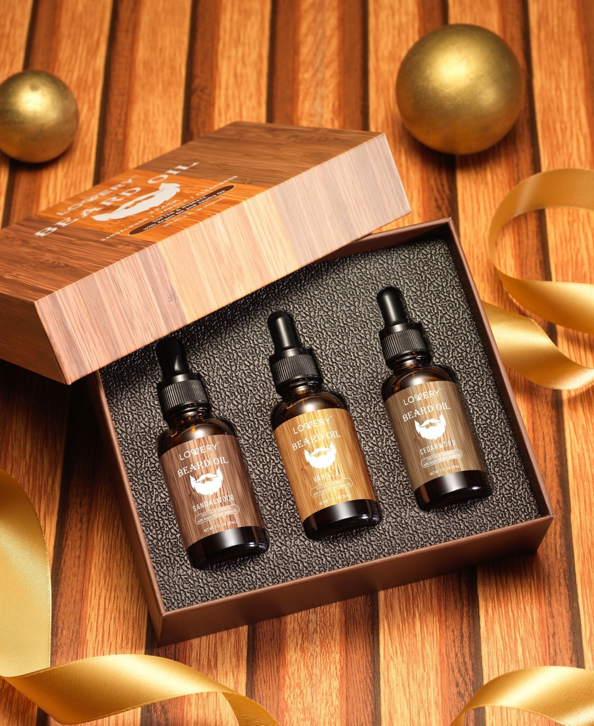 Lovery Nourishing and Moisturizing Beard Oil in Vanilla, Cedarwood and Sandalwood Scent - 3pc Mens Care Gift Set