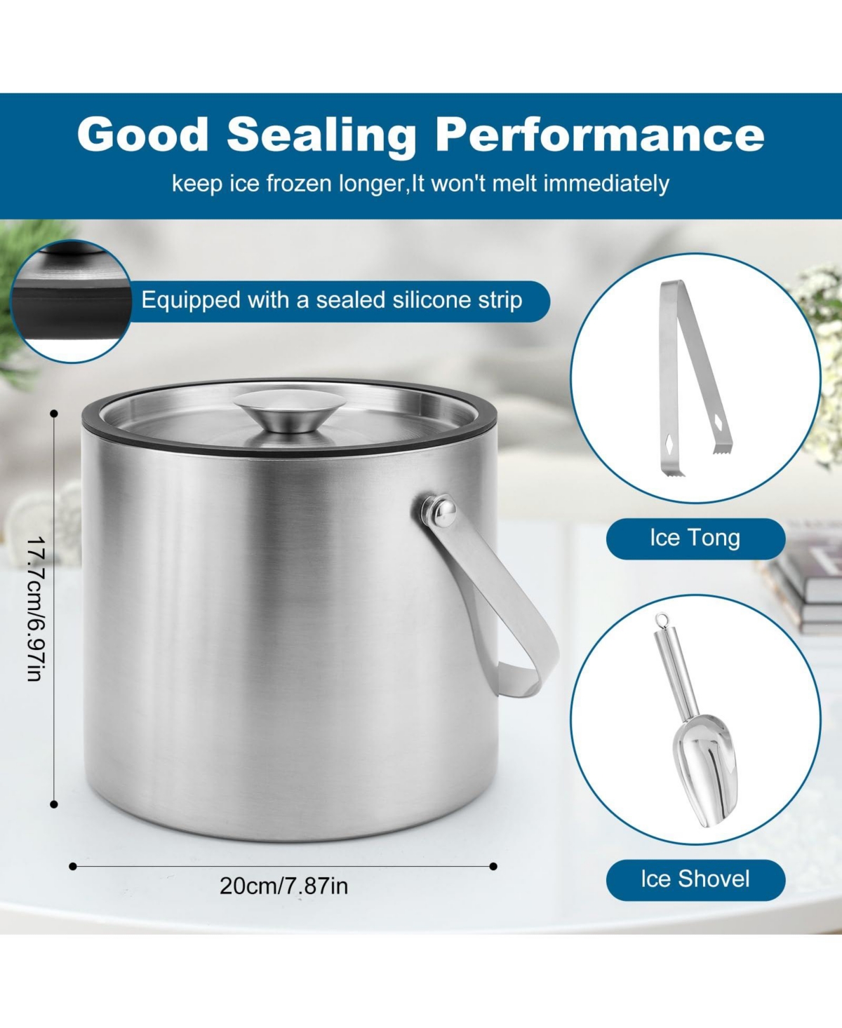 Piscifun Portable Double Wall Stainless Steel Insulated Ice Bucket with Lid Scoop Tong for Party