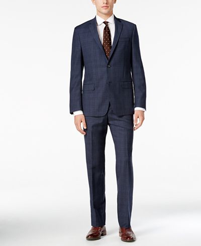 DKNY Men's Slim-Fit Blue Tonal-Plaid Suit
