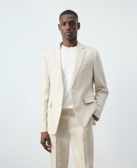 Мужской пиджак MANGO Amalfi Linen Slim-Fit Suit Blazer, цвет: Экрю