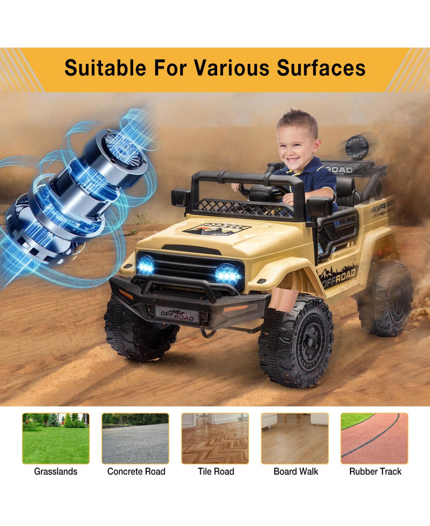Детская игрушка homfan Ride-On Truck Car, 4-Wheel Electric Vehicle, Remote Control, LED Lights, Music and Horn, Suspension, Dual Speeds, цвет: Бежевый / Хаки — фото 7