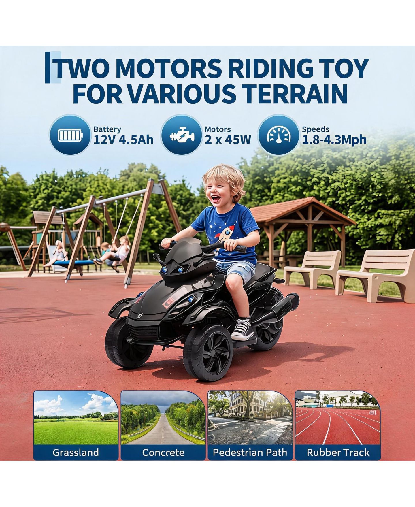 Детская игрушка homfan Dual Motor Electric Ride-On Car with Music and Colorful Lights, 66 lb. Capacity, Ages 3-6, цвет: Чёрный — фото 3