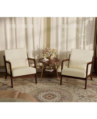 Set of 2 Chenille Accent Chairs - Mid-Century Barrel Armchairs with Lumbar Pillow, Cozy Reading Chairs for Living Room and Bedroom