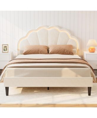 Queen Bed Frame - Velvet Platform Bed with Adjustable Seashell Headboard and LED Light, Under Bed Storage, No Box Spring Needed