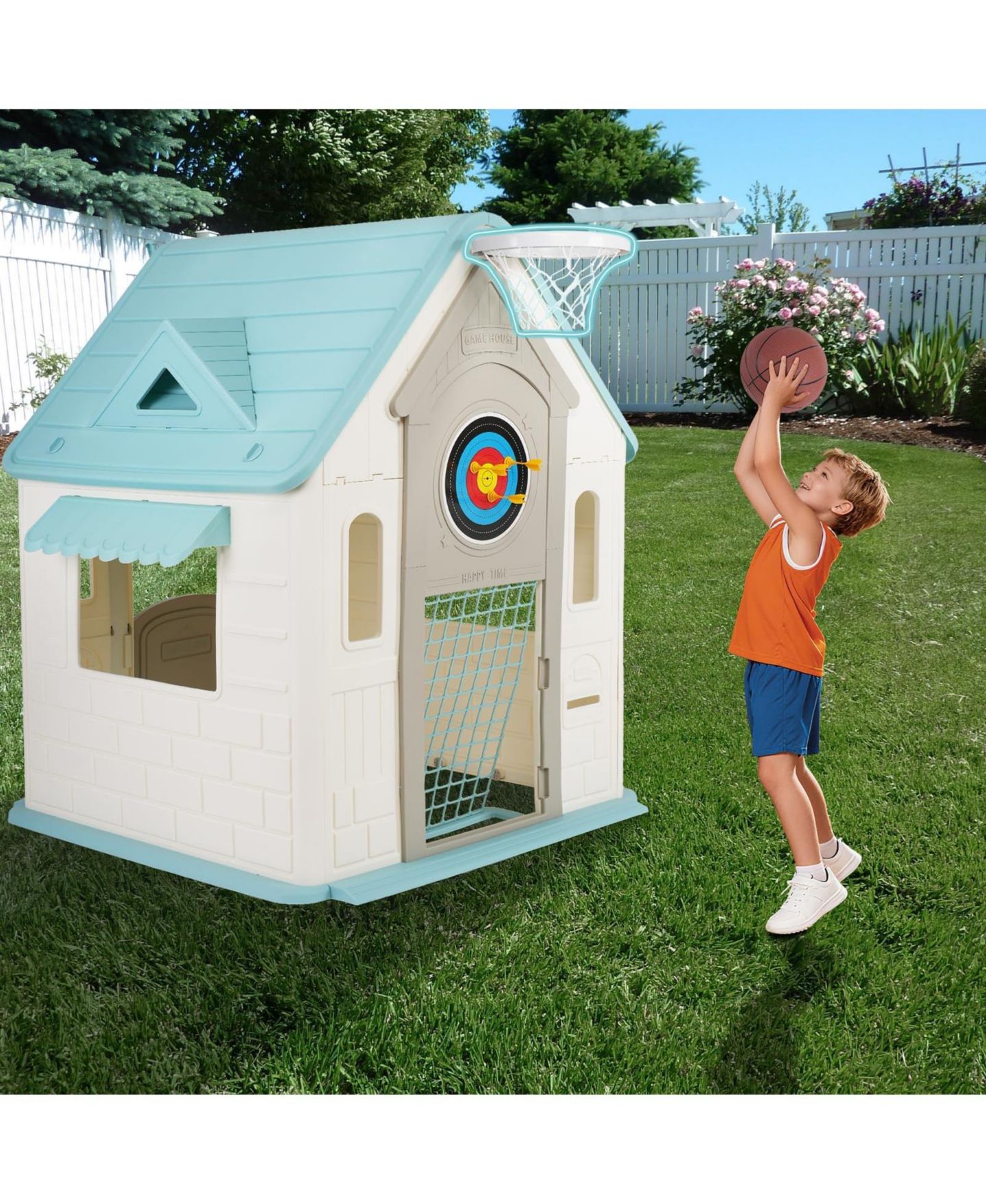 Детская игрушка homfan Kids Outdoor and Indoor Playhouse Cottage, Toddler Playground with Basketball Hoop for Ages plus, цвет: Белый — фото 5