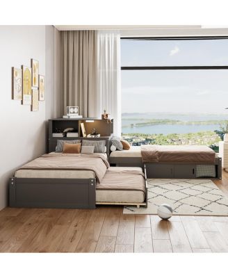  L-Shaped latform Bed with Storage, Desk, Trundle, LED