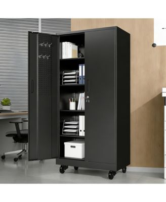 Garage Storage Cabinet Steel 4 Shelf Pegboard Doors Locking Wheels 900lb