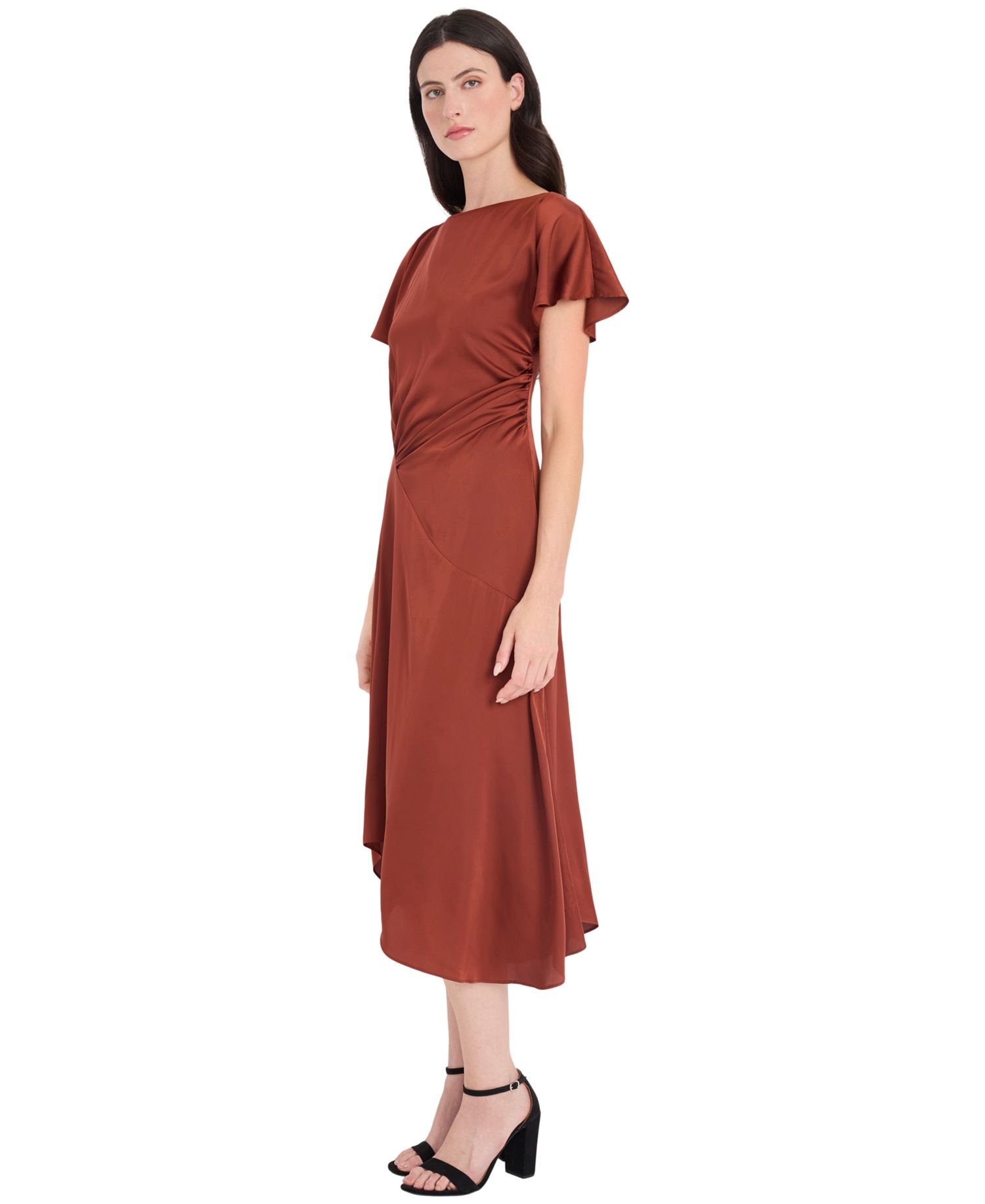 Women's Satin Asymmetrical Ruched Waist Midi Dress
