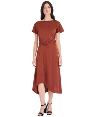 Women's Satin Asymmetrical Ruched Waist Midi Dress