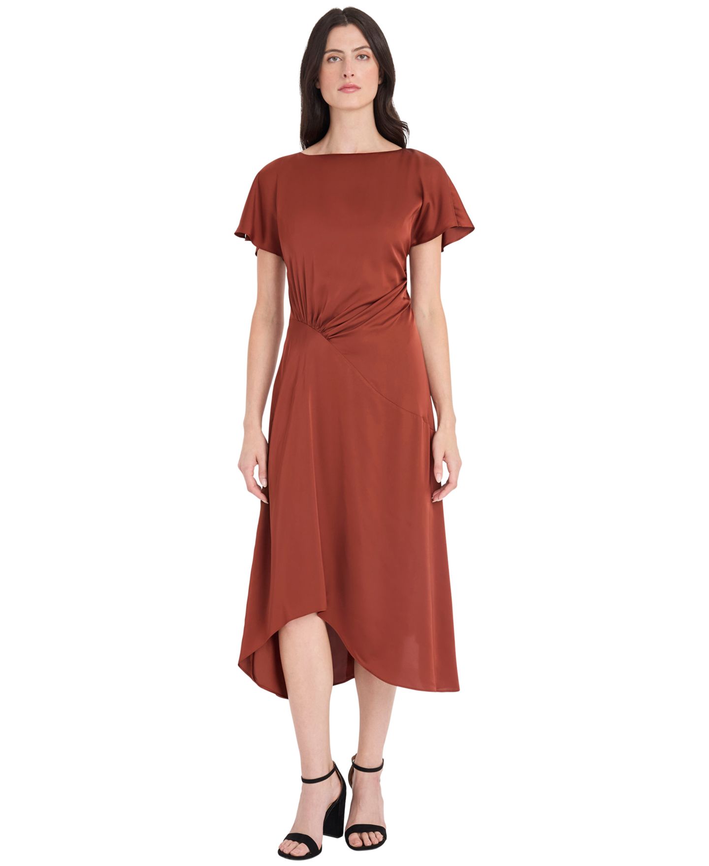 Женское платье Maggy London Satin Asymmetrical Ruched Waist Midi, цвет: Кирпичный — фото 1