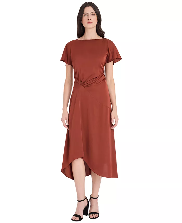 Women's Satin Asymmetrical Ruched Waist Midi Dress