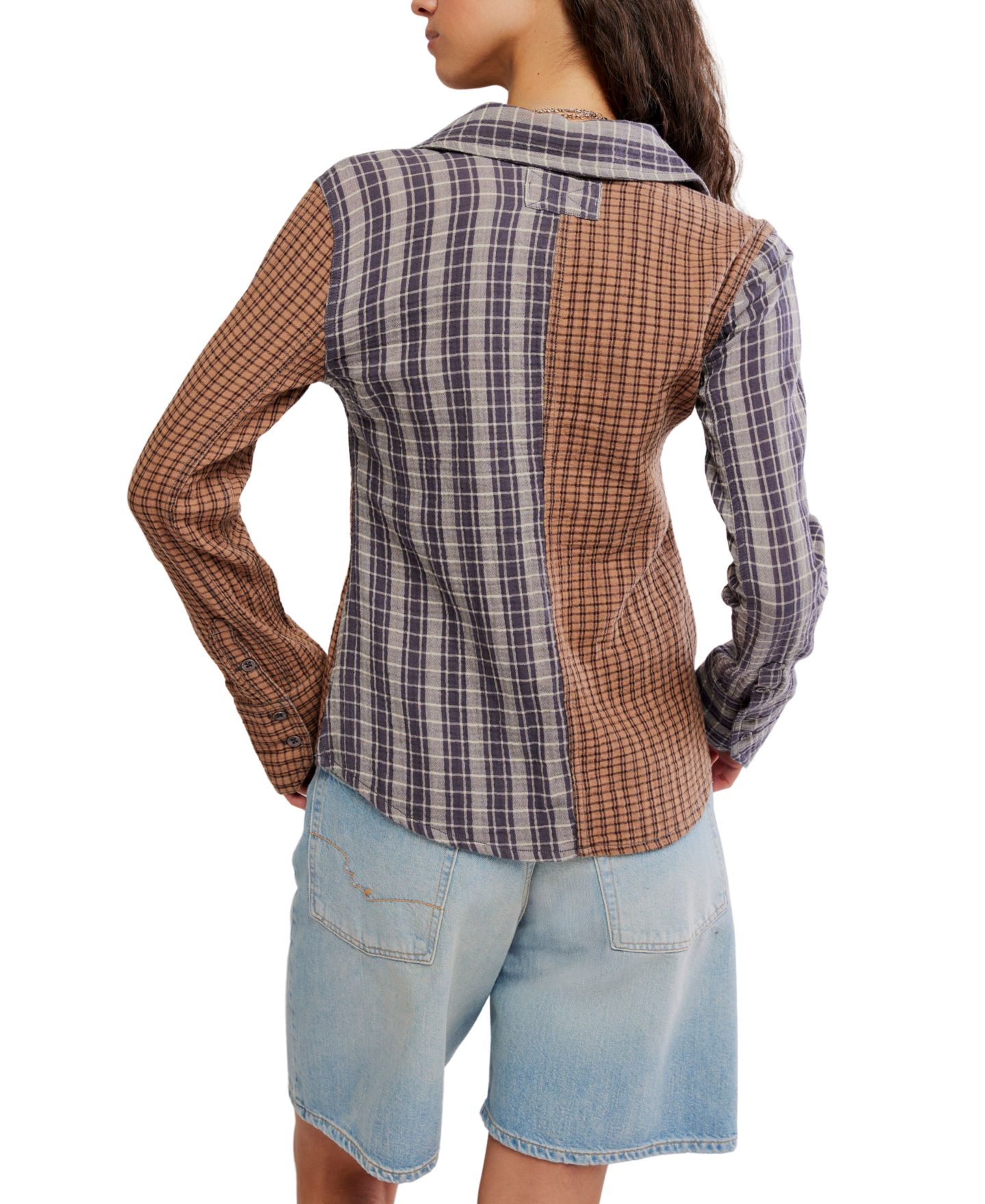 Женская блузка Free People Benny Slim Plaid Paint-Splatter Long-Sleeve Blouse, цвет: Коричневый комбинированный — фото 5