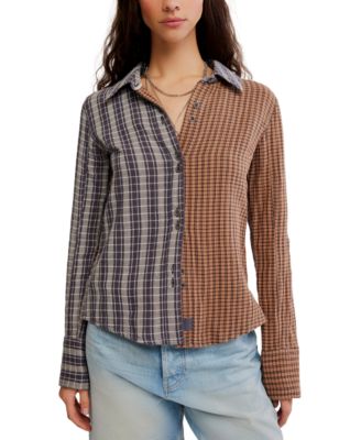 Women's Benny Slim Plaid Paint-Splatter Long-Sleeve Blouse