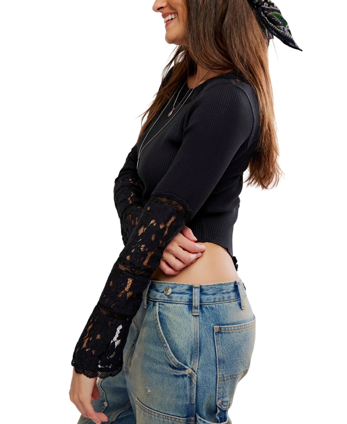 Женская футболка Free People Amber Lace Cuff Boat-Neck Smocked Cotton-Blend, цвет: Чёрный — фото 3