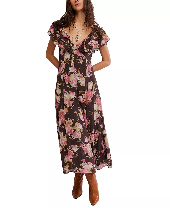 Women's Forsythia Maxi Floral-Print Short-Sleeve V-Neck Dress