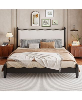 Wood Platform Bed with Upholstered Headboard