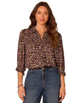 Women's Floral-Print 3/4-Sleeve Scallop Edge Collar Rayon Blouse
