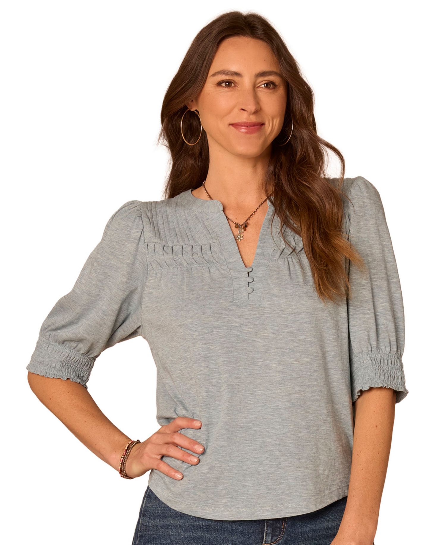 Women's Elbow-Length Blouson Sleeve Mandarin Collar Smocking and Pintuck Knit Blouse