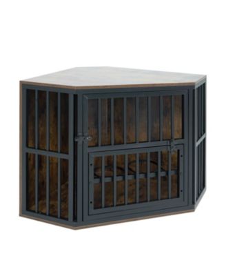 Wooden Corner Dog Kennel End Table with 3 Position Bowl Rack