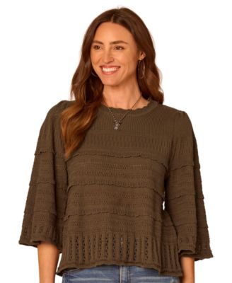 Petite 3/4-Length Bell-Sleeve Scalloped-Edge Sweater