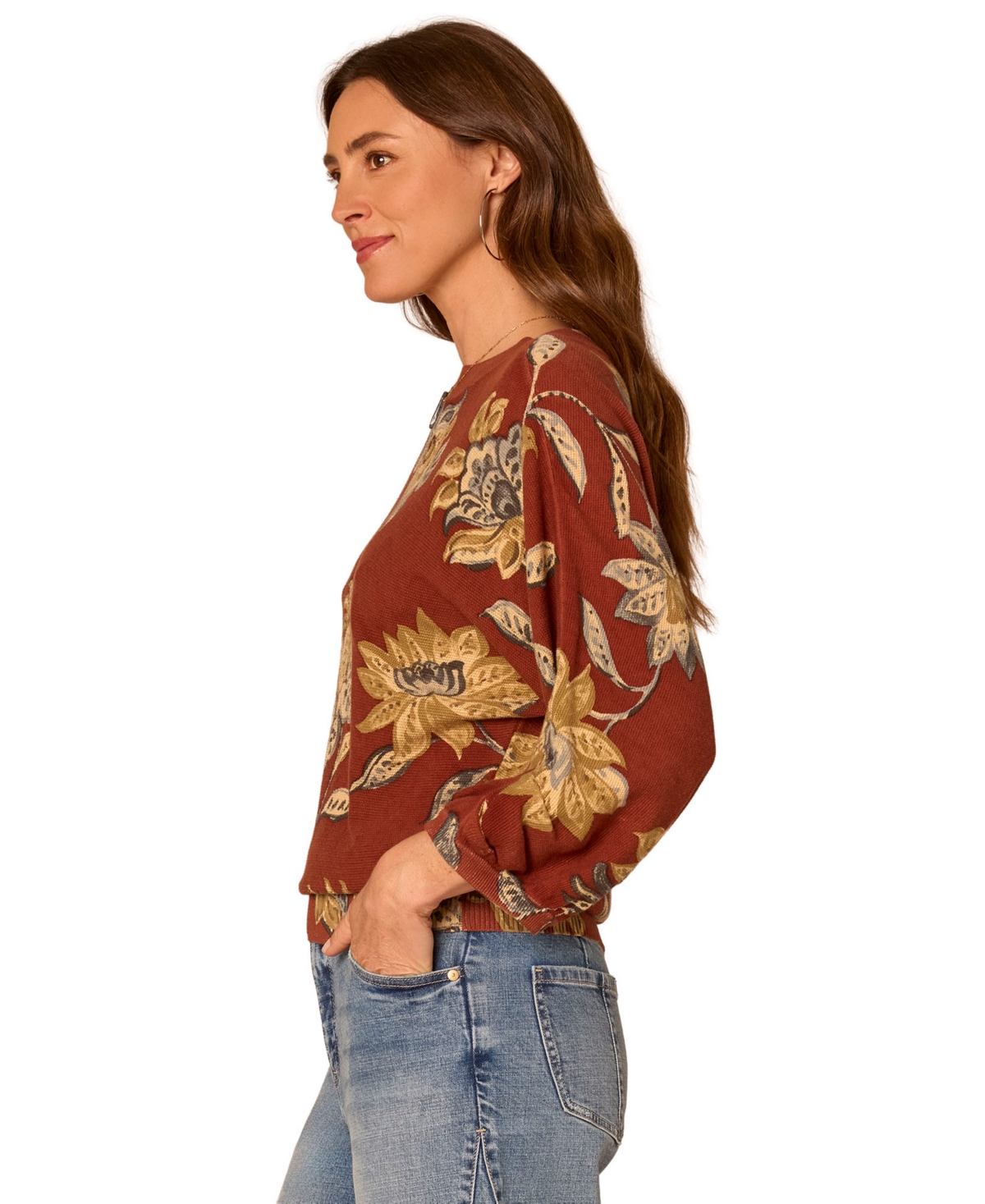 Democracy Petite Dolman-Sleeve Round Neck Printed Sweater