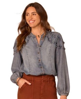 Women's Petite Ruffle Stand Collar Button-Up Long-Sleeve Top