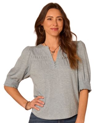 Petite Mandarin Collar Blouson-Sleeve Knit Top